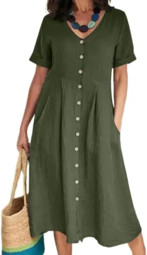 Womens Plus Size Cotton Linen Midi Dress V Neck Button Summer Dresses Short Sleeve Solid A Line Dress with Pockets