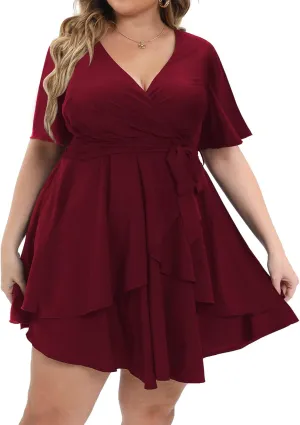 Womens Plus Size Dress Summer Short Sleeve V Neck Wrap Dress Casual Dressy Cocktail Party Mini Dresses