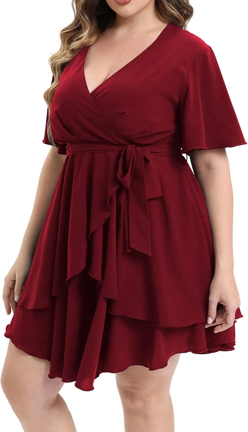 Womens Plus Size Dress Summer Short Sleeve V Neck Wrap Dress Casual Dressy Cocktail Party Mini Dresses