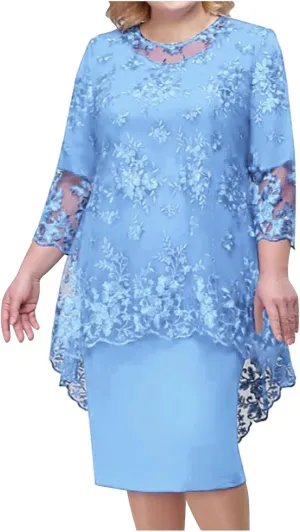 Women's Plus Size Lace Dress 3/4 Sleeve Elegant Mother of The Bride Dresses Formal Evening Party Outfit