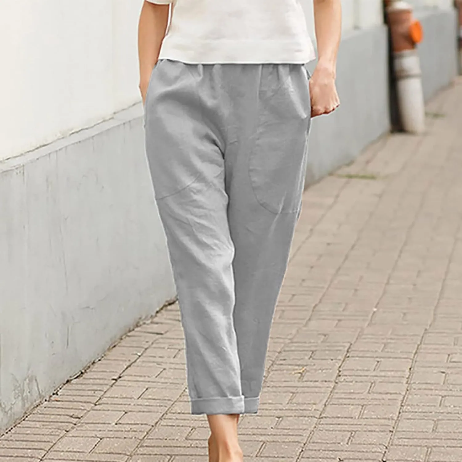 Womens Plus Size Pants with Pockets Casual Elastic Waisted Straight Cotton Linen Pant Loose Cozy Lightweight Trousers