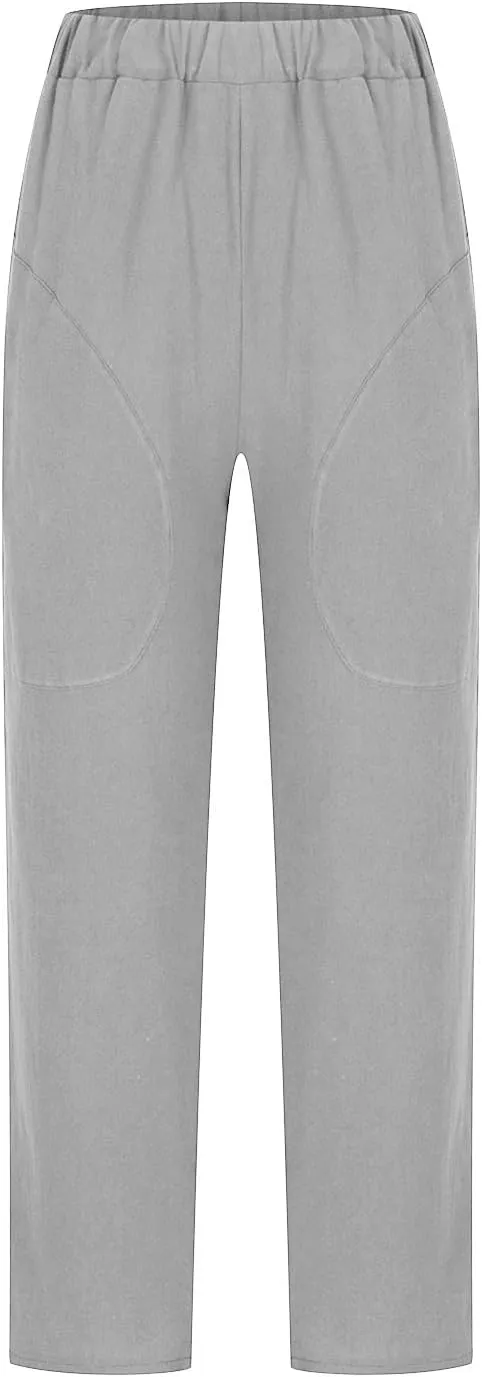 Womens Plus Size Pants with Pockets Casual Elastic Waisted Straight Cotton Linen Pant Loose Cozy Lightweight Trousers