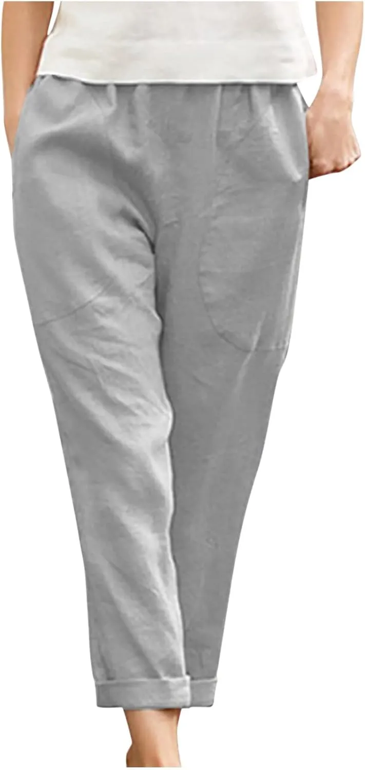 Womens Plus Size Pants with Pockets Casual Elastic Waisted Straight Cotton Linen Pant Loose Cozy Lightweight Trousers