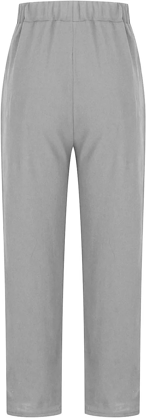 Womens Plus Size Pants with Pockets Casual Elastic Waisted Straight Cotton Linen Pant Loose Cozy Lightweight Trousers