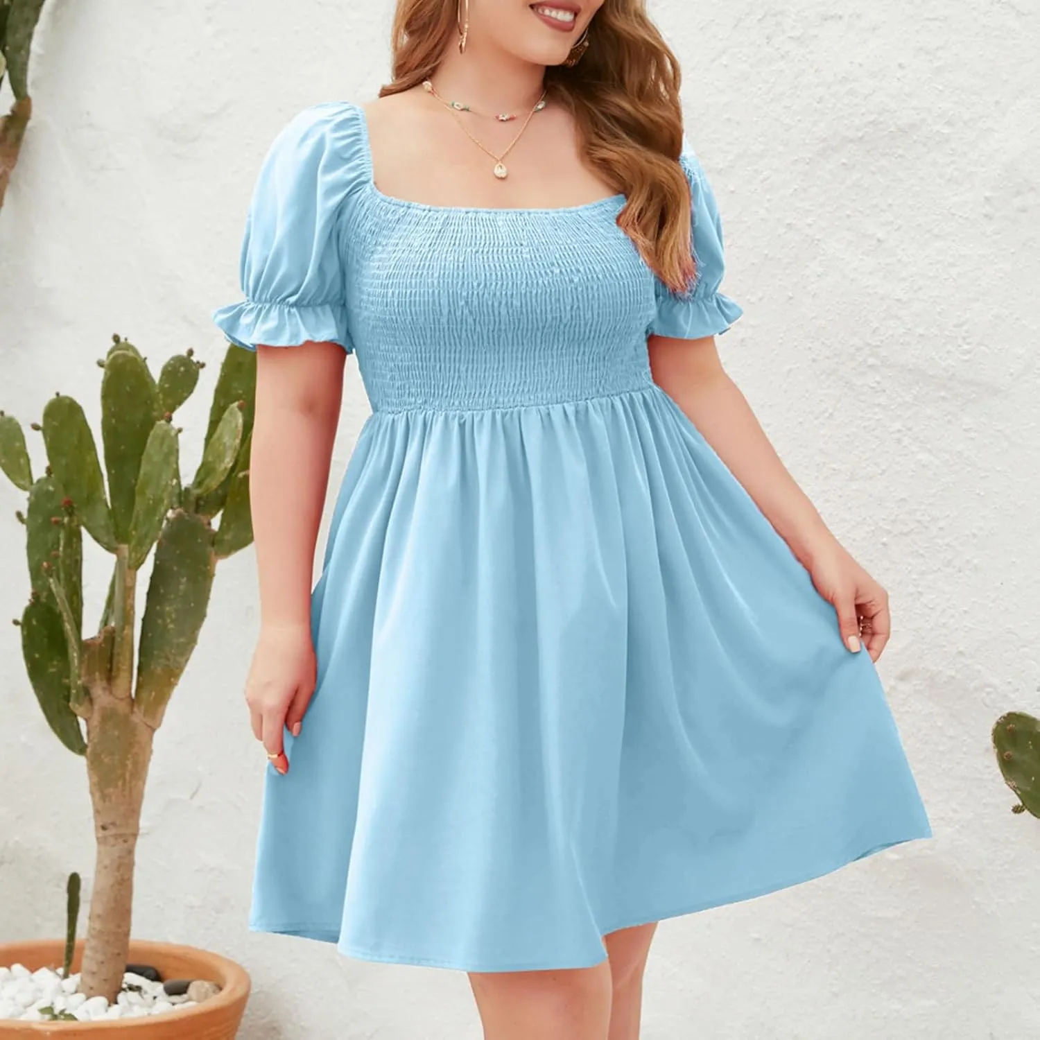 Women's Plus Size Summer Dress Puff Short Sleeve Square Neck Mini Dress High Waist Ruffle Hem A Line Short Dresses