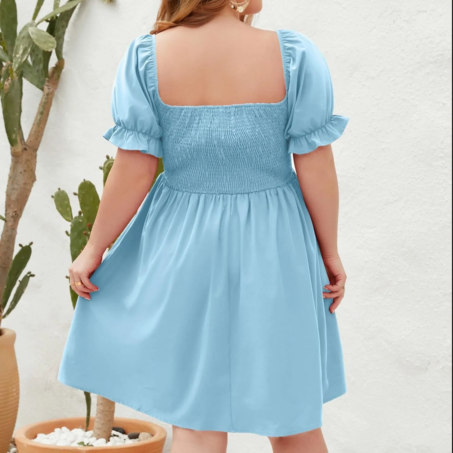 Women's Plus Size Summer Dress Puff Short Sleeve Square Neck Mini Dress High Waist Ruffle Hem A Line Short Dresses