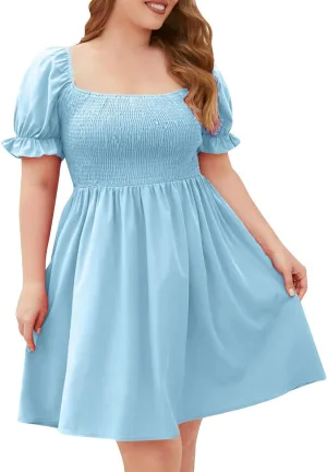 Women's Plus Size Summer Dress Puff Short Sleeve Square Neck Mini Dress High Waist Ruffle Hem A Line Short Dresses