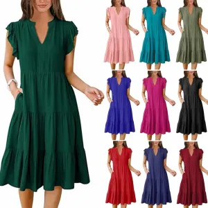 Women's Ruffle Sleeve Dress Casual Summer V Neck Dress a Line Tiered Dress Boho Beach Vacation Sun Dresses