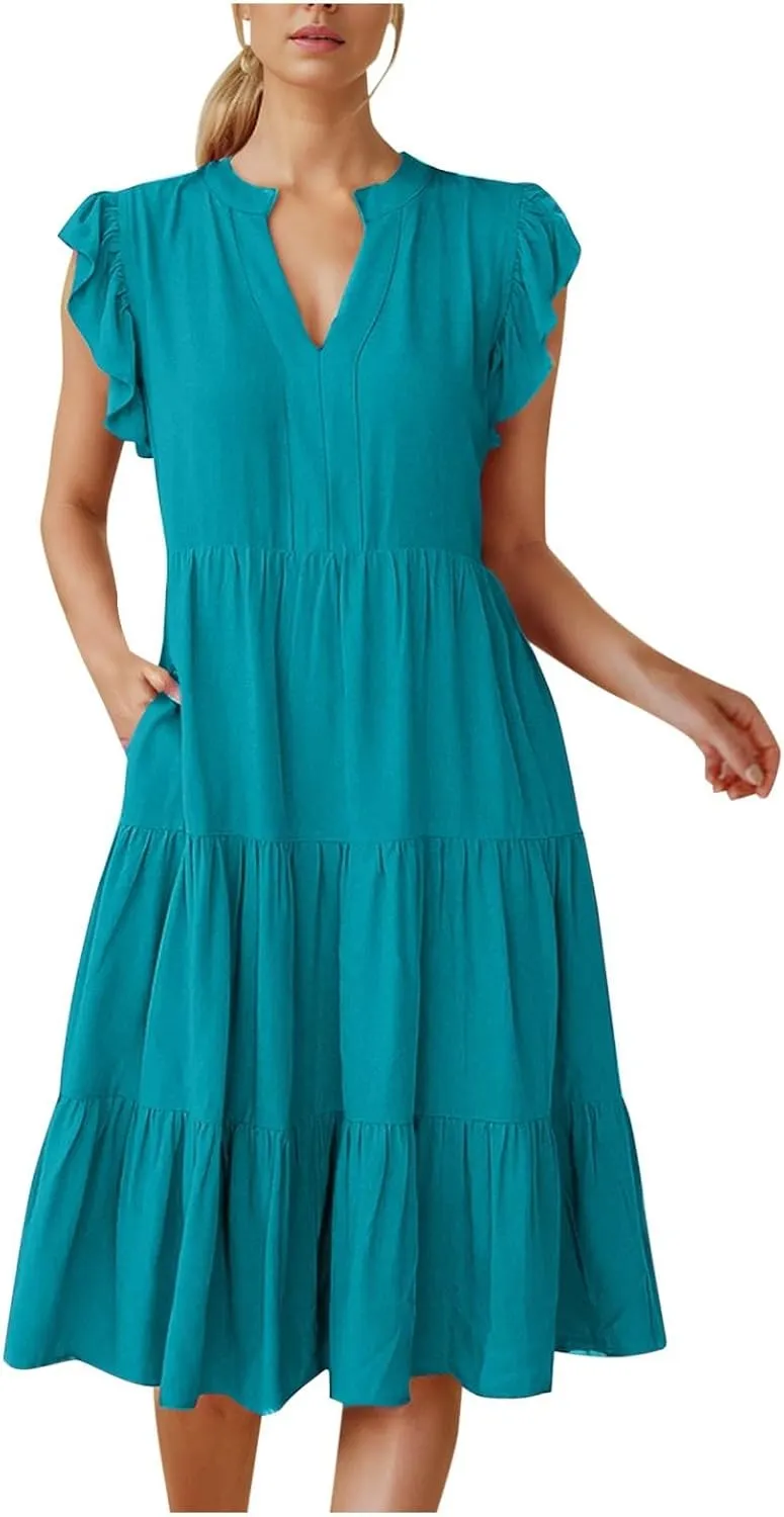 Women's Ruffle Sleeve Dress Casual Summer V Neck Dress a Line Tiered Dress Boho Beach Vacation Sun Dresses