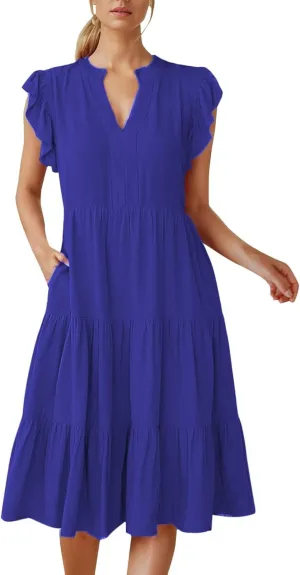 Women's Ruffle Sleeve Dress Casual Summer V Neck Dress a Line Tiered Dress Boho Beach Vacation Sun Dresses