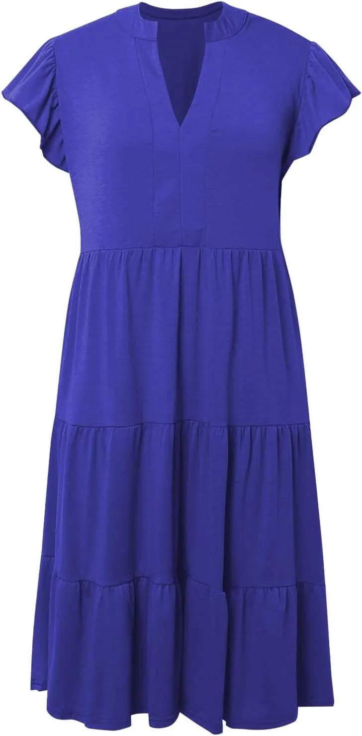 Women's Ruffle Sleeve Dress Casual Summer V Neck Dress a Line Tiered Dress Boho Beach Vacation Sun Dresses