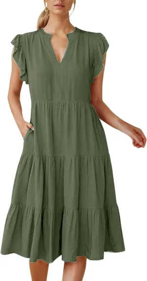 Women's Ruffle Sleeve Dress Casual Summer V Neck Dress a Line Tiered Dress Boho Beach Vacation Sun Dresses