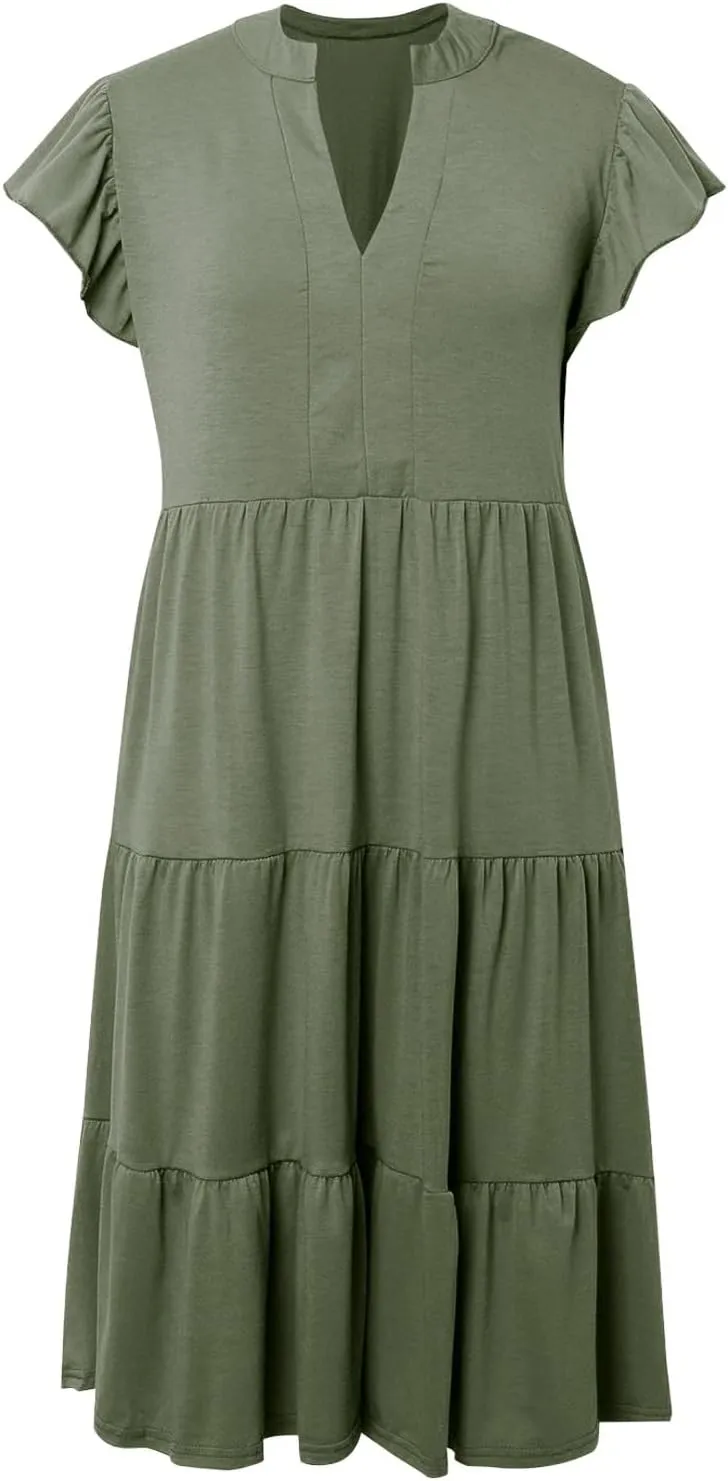 Women's Ruffle Sleeve Dress Casual Summer V Neck Dress a Line Tiered Dress Boho Beach Vacation Sun Dresses