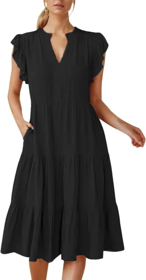 Women's Ruffle Sleeve Dress Casual Summer V Neck Dress a Line Tiered Dress Boho Beach Vacation Sun Dresses