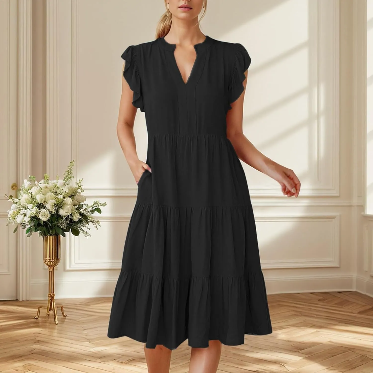Women's Ruffle Sleeve Dress Casual Summer V Neck Dress a Line Tiered Dress Boho Beach Vacation Sun Dresses