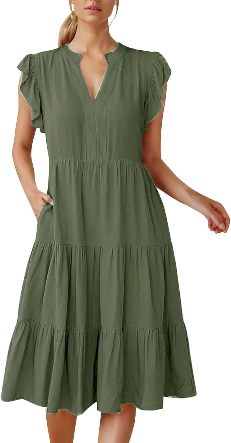 Women's Ruffle Sleeve Dress Casual Summer V Neck Dress a Line Tiered Dress Boho Beach Vacation Sun Dresses
