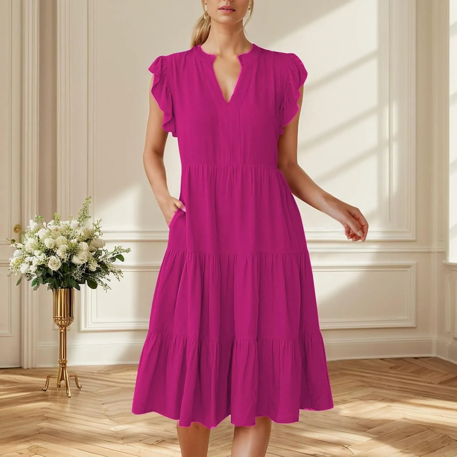Women's Ruffle Sleeve Dress Casual Summer V Neck Dress a Line Tiered Dress Boho Beach Vacation Sun Dresses
