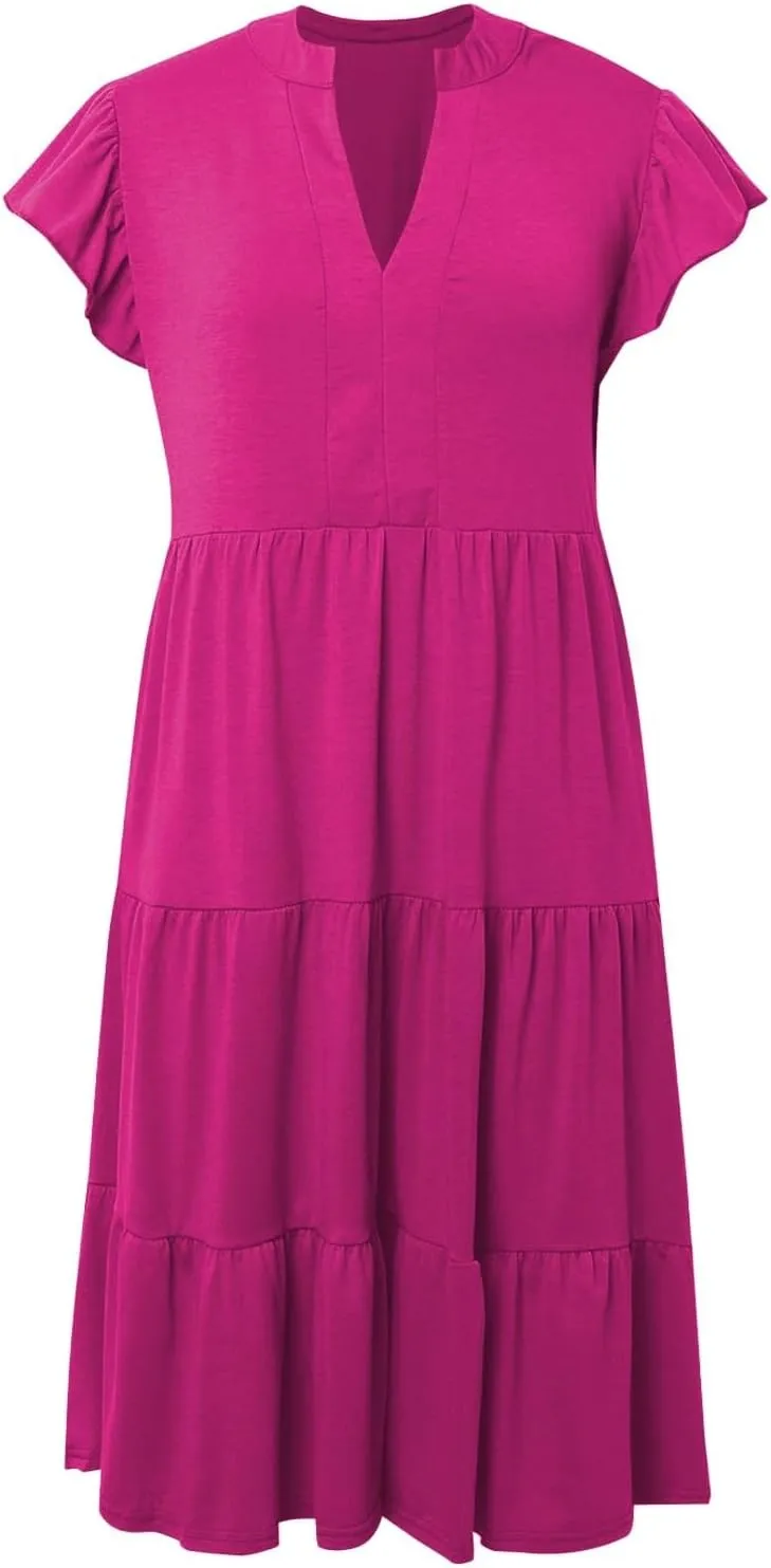 Women's Ruffle Sleeve Dress Casual Summer V Neck Dress a Line Tiered Dress Boho Beach Vacation Sun Dresses