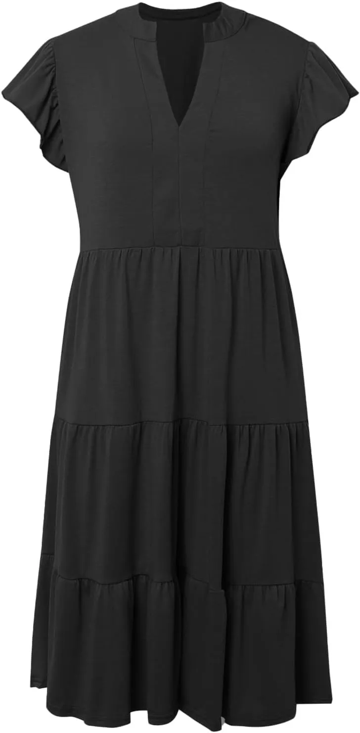 Women's Ruffle Sleeve Dress Casual Summer V Neck Dress a Line Tiered Dress Boho Beach Vacation Sun Dresses