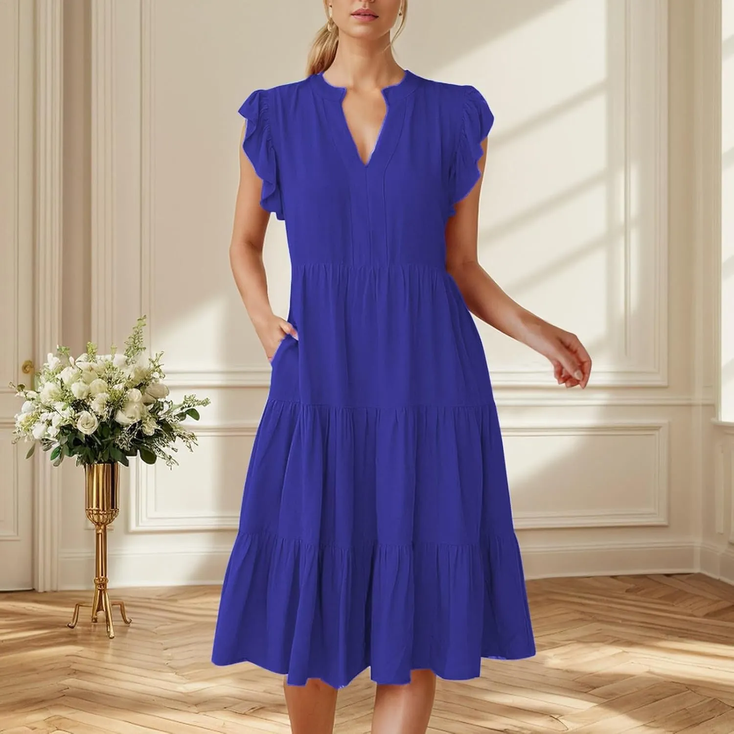 Women's Ruffle Sleeve Dress Casual Summer V Neck Dress a Line Tiered Dress Boho Beach Vacation Sun Dresses
