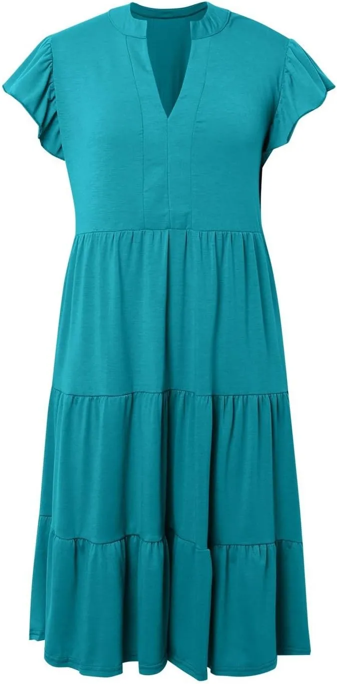 Women's Ruffle Sleeve Dress Casual Summer V Neck Dress a Line Tiered Dress Boho Beach Vacation Sun Dresses