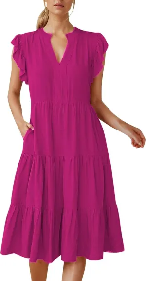 Women's Ruffle Sleeve Dress Casual Summer V Neck Dress a Line Tiered Dress Boho Beach Vacation Sun Dresses