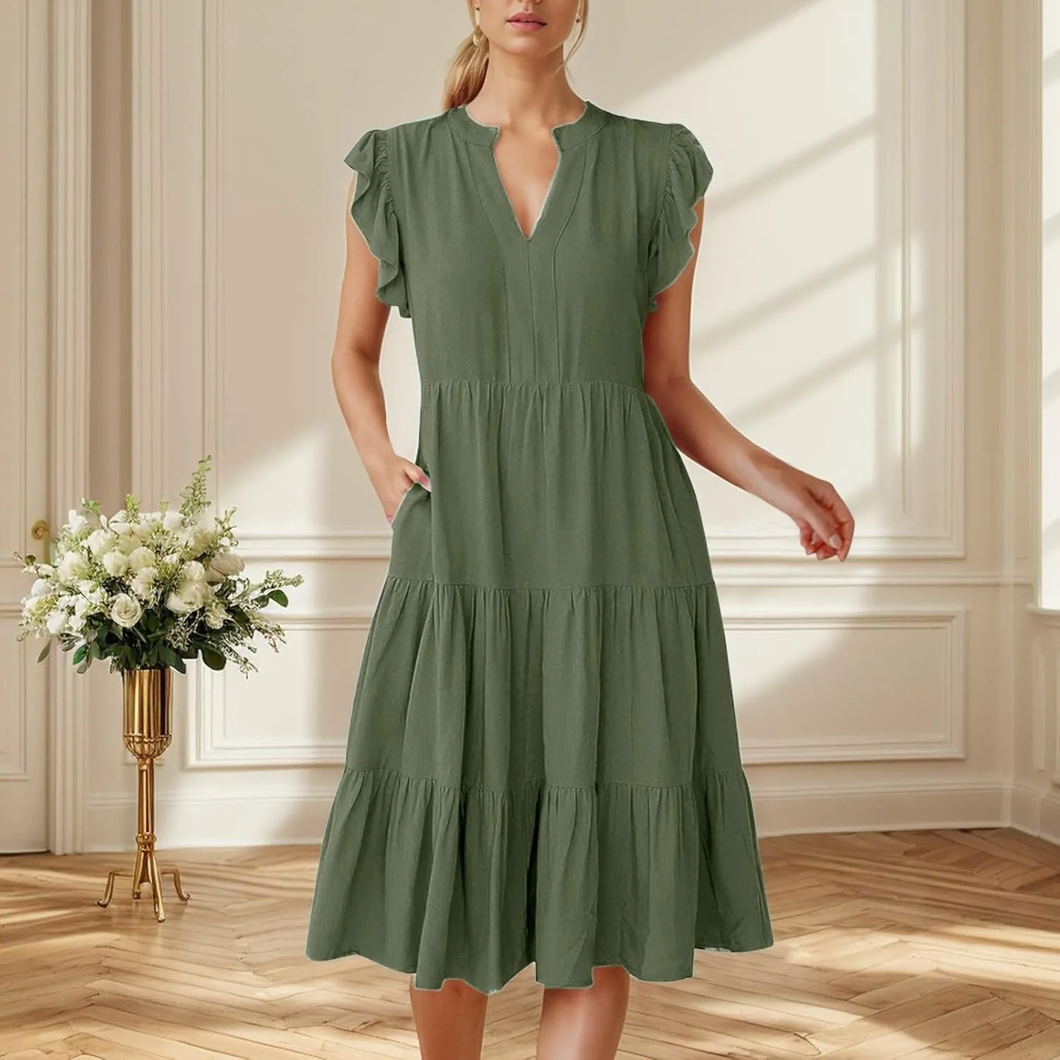 Women's Ruffle Sleeve Dress Casual Summer V Neck Dress a Line Tiered Dress Boho Beach Vacation Sun Dresses