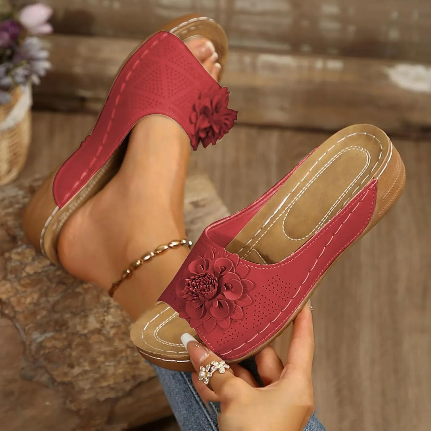 Women's Sandals Open Toe Flowers Arch Support Orthopedic Sandals Wedge Platform Roman Slippers Casual Summer Comfortable Beach Shoes