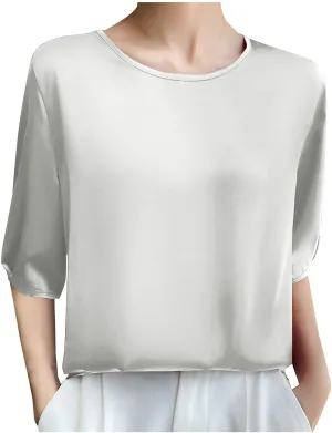 Women's Satin Blouse Dressy Casual 3/4 Sleeve Silk Tops Crewneck Formal Business Office Work Shirt Tee Cute Tshirt