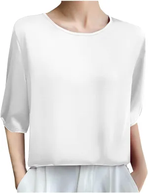 Women's Satin Blouse Dressy Casual 3/4 Sleeve Silk Tops Crewneck Formal Business Office Work Shirt Tee Cute Tshirt