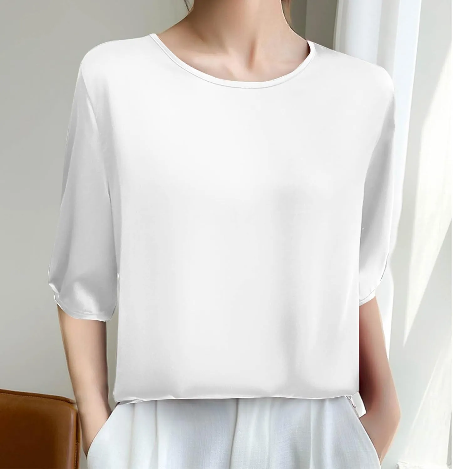 Women's Satin Blouse Dressy Casual 3/4 Sleeve Silk Tops Crewneck Formal Business Office Work Shirt Tee Cute Tshirt