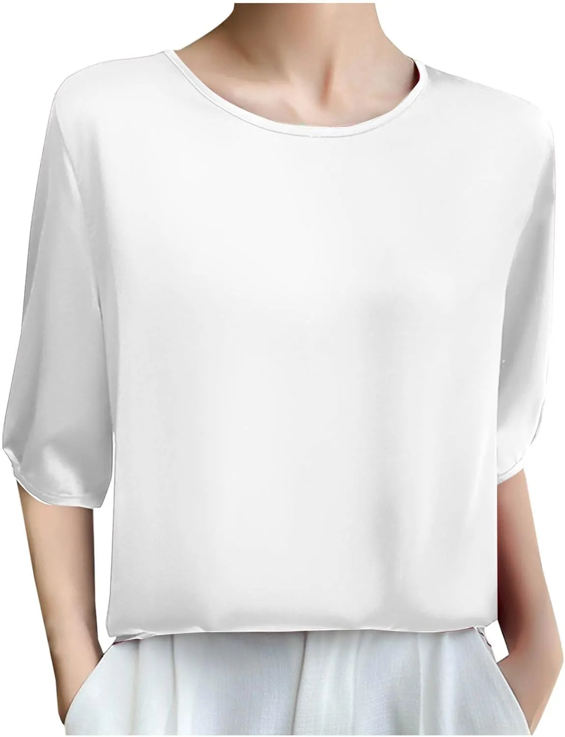 Women's Satin Blouse Dressy Casual 3/4 Sleeve Silk Tops Crewneck Formal Business Office Work Shirt Tee Cute Tshirt