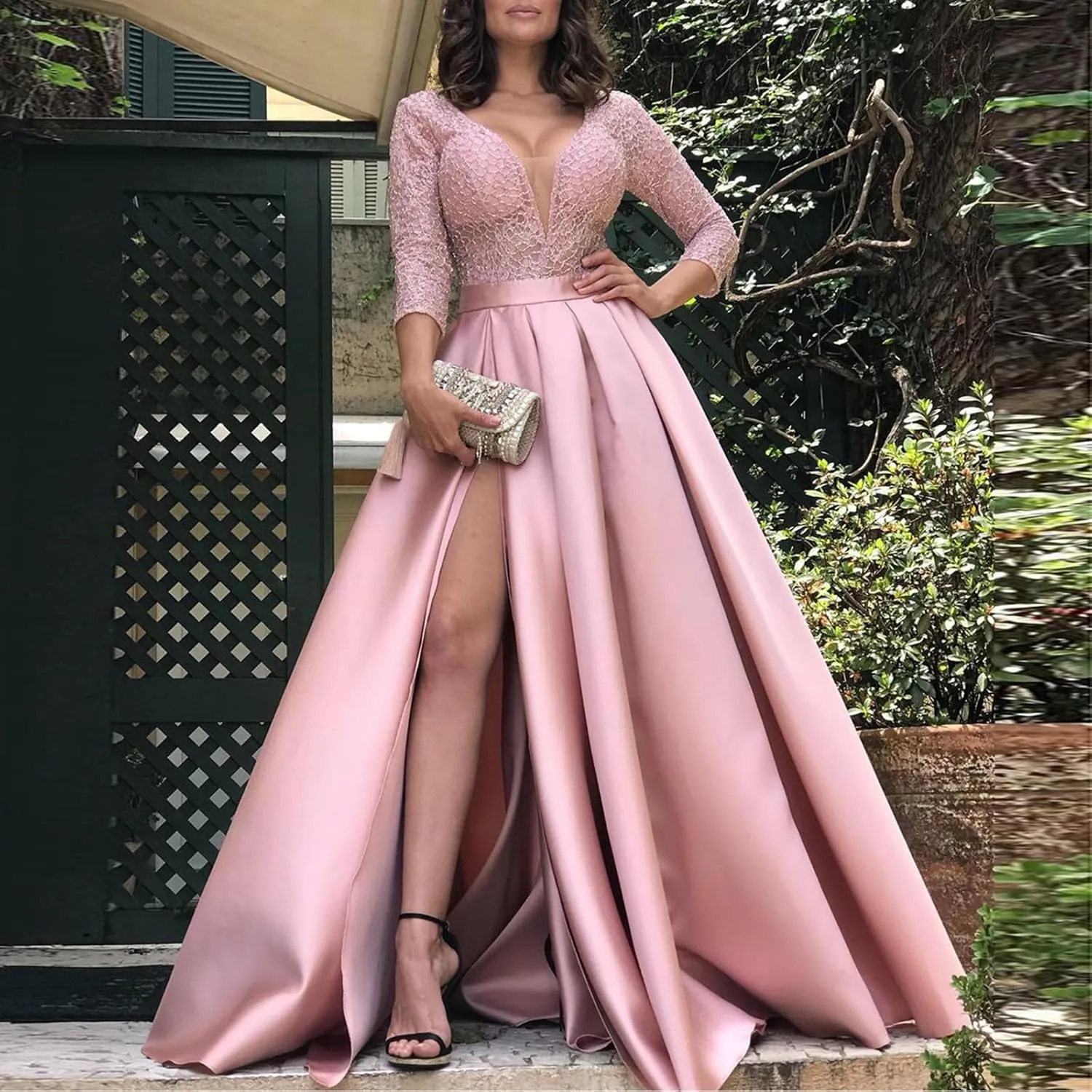 Women's Sequin Dress with Big Hem High Cut Slits Sparkly V-Neck Empire Waist Dress Long Sleeve Comfy Flowy Maxi Dress