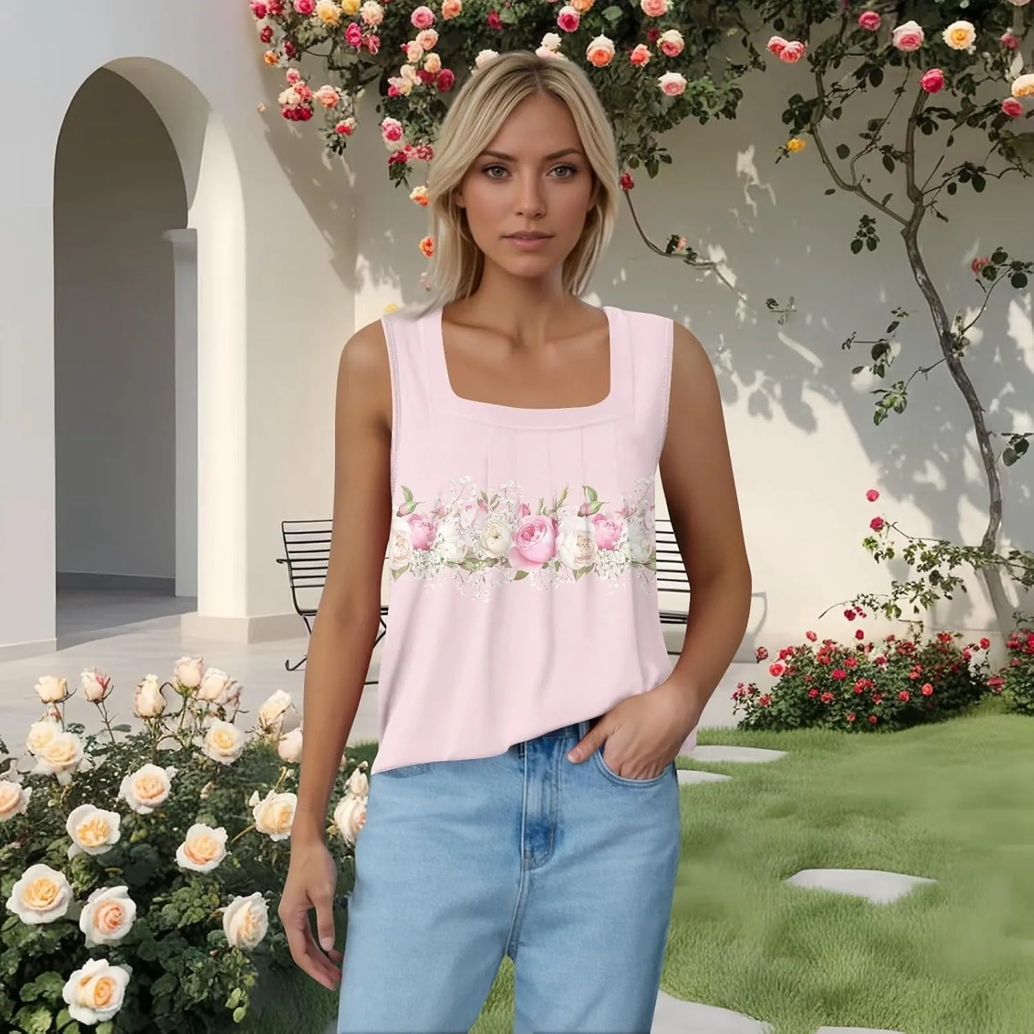 Women's Sleeveless Blouses Tank Tops Summer Outfits 2025 Square Neck Casual Shirts Blouses Tank Top, S-3XL