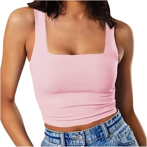 Women's Sleeveless Square Neck Sports Tank, Summer Elastic Slim Fit Athletic Workout Crop Cami Comfy Breathable Tops