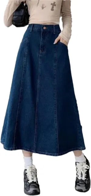 Women's Slimming Denim High-Waisted Long Wide Hemline Flattering Skirt