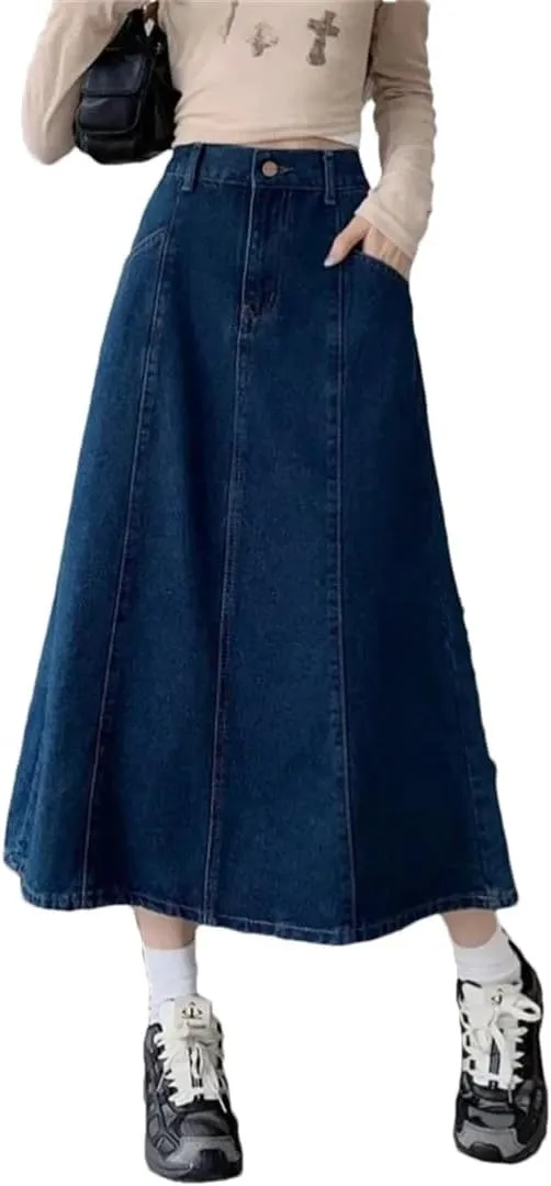Women's Slimming Denim High-Waisted Long Wide Hemline Flattering Skirt
