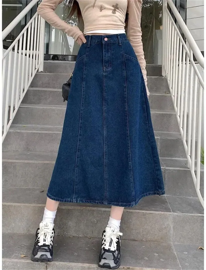 Women's Slimming Denim High-Waisted Long Wide Hemline Flattering Skirt