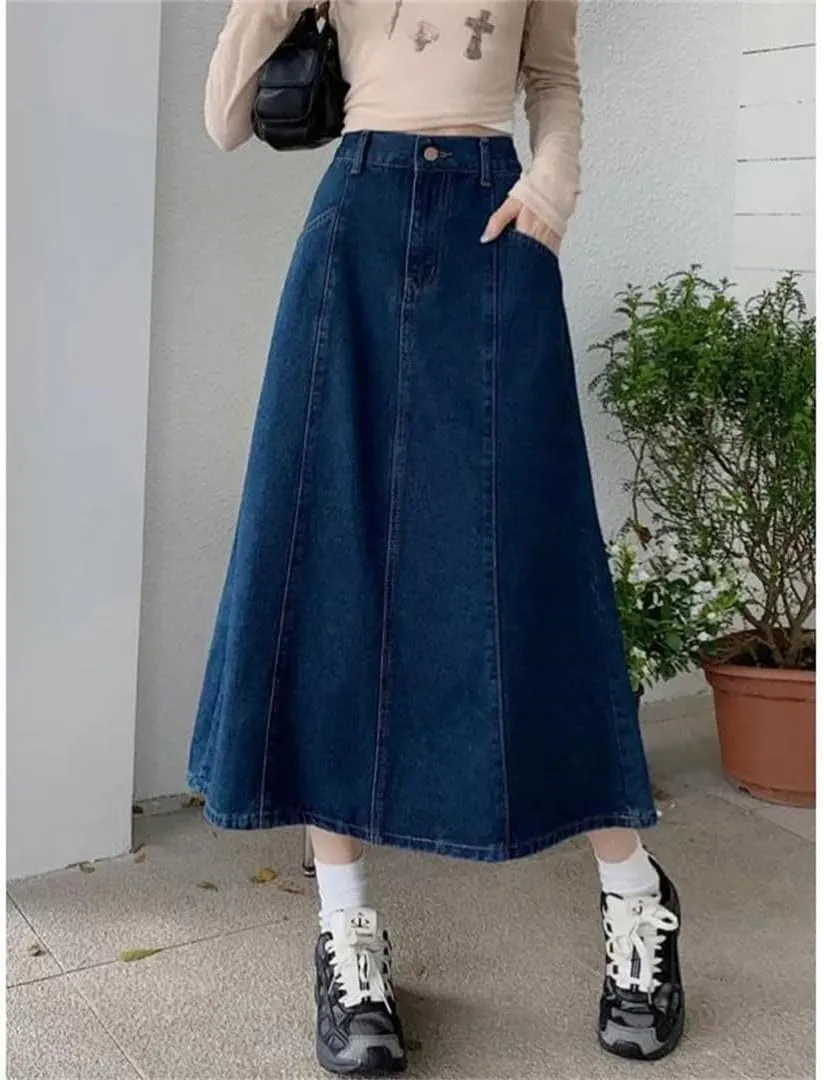 Women's Slimming Denim High-Waisted Long Wide Hemline Flattering Skirt