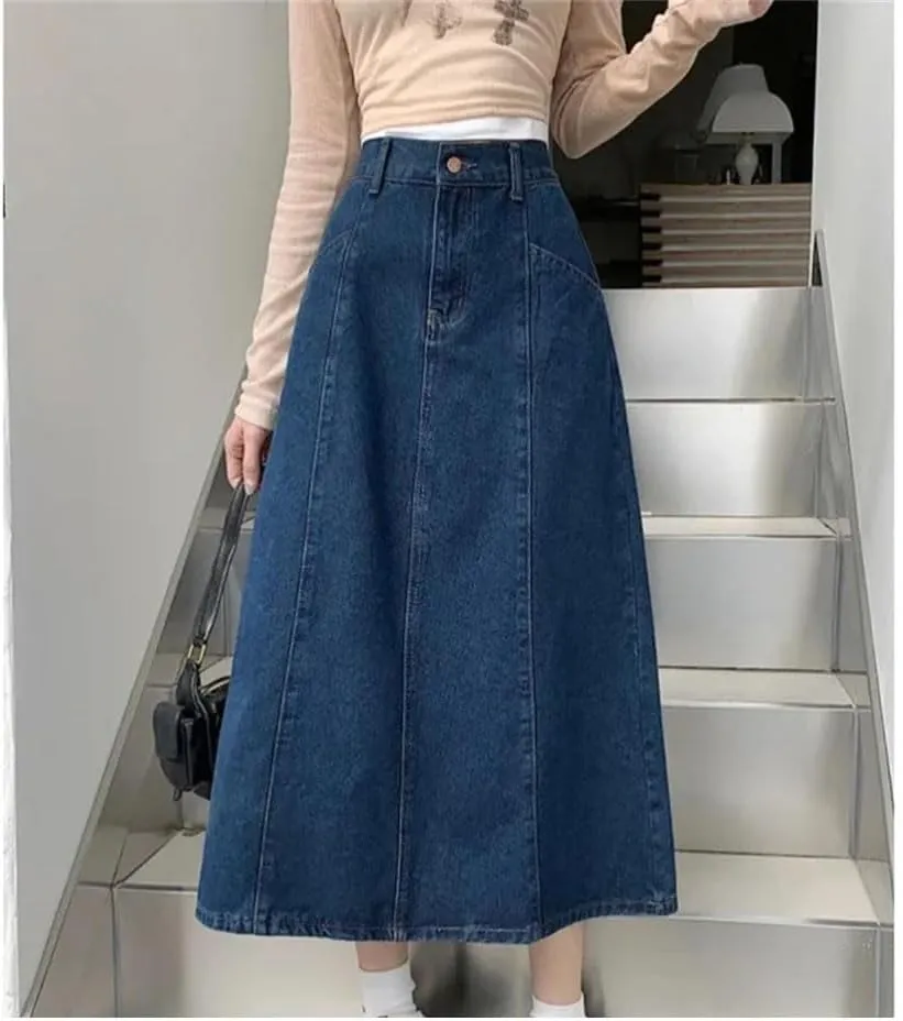 Women's Slimming Denim High-Waisted Long Wide Hemline Flattering Skirt