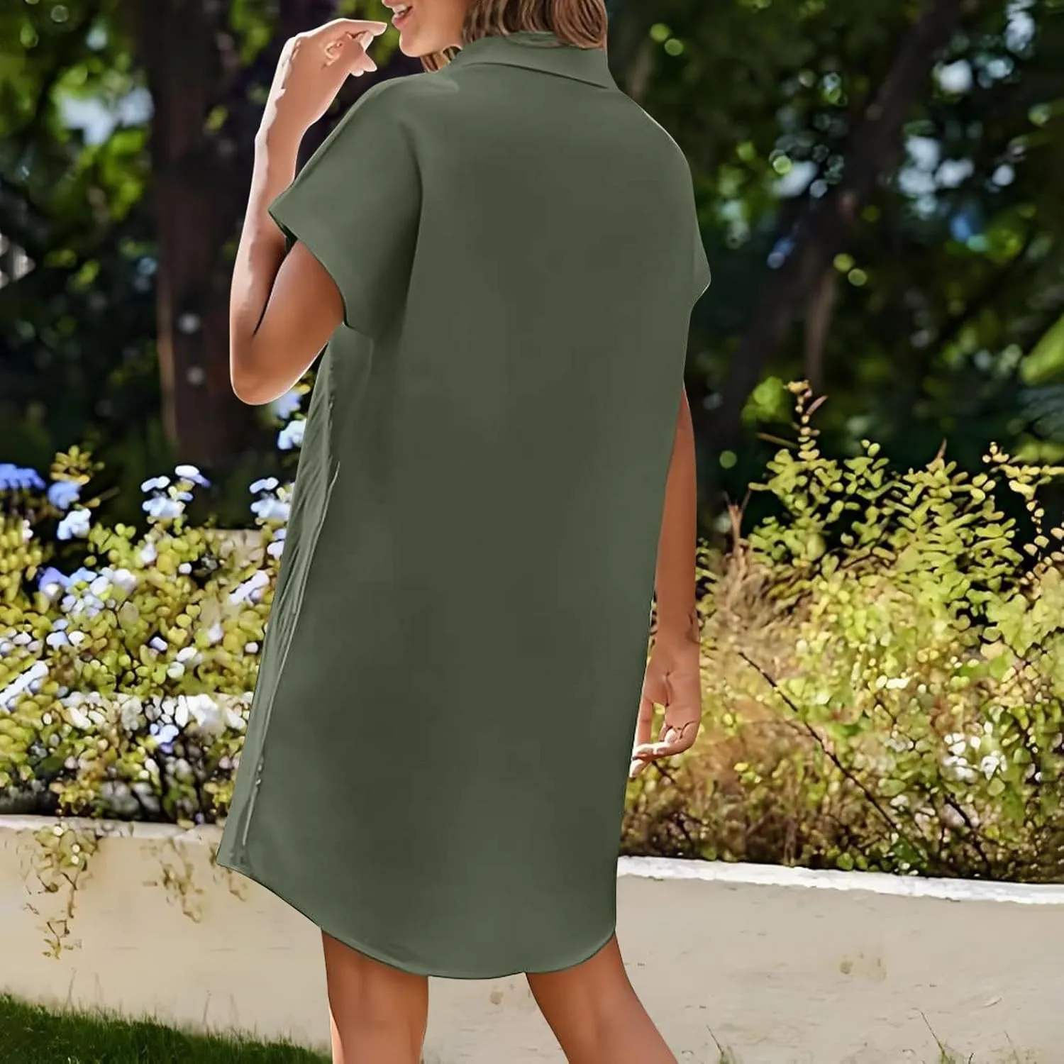 Women's Solid Color Loose Shirt Dresses Stand Up Collar Casual T Shirts Dress Pocket Button Short Sleeved Dresses