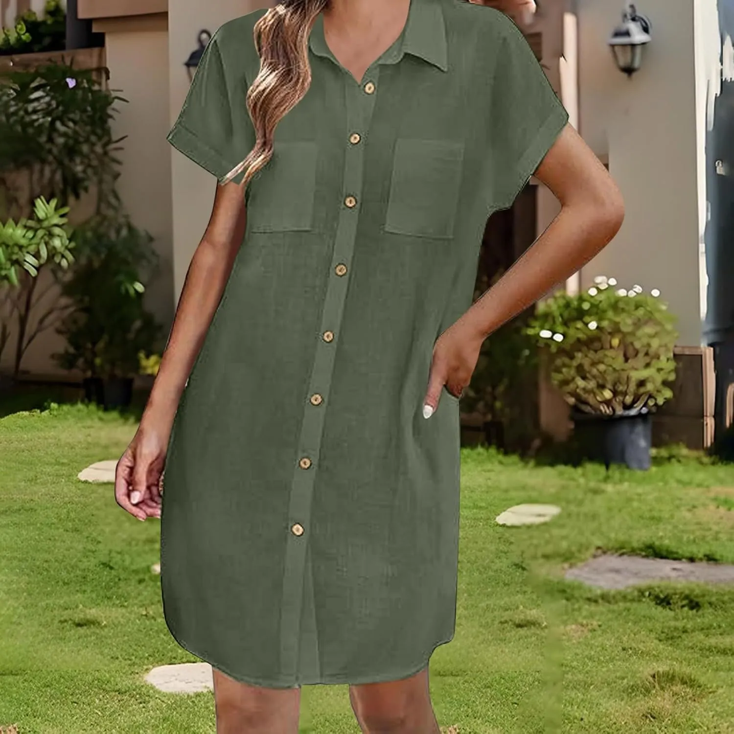 Women's Solid Color Loose Shirt Dresses Stand Up Collar Casual T Shirts Dress Pocket Button Short Sleeved Dresses