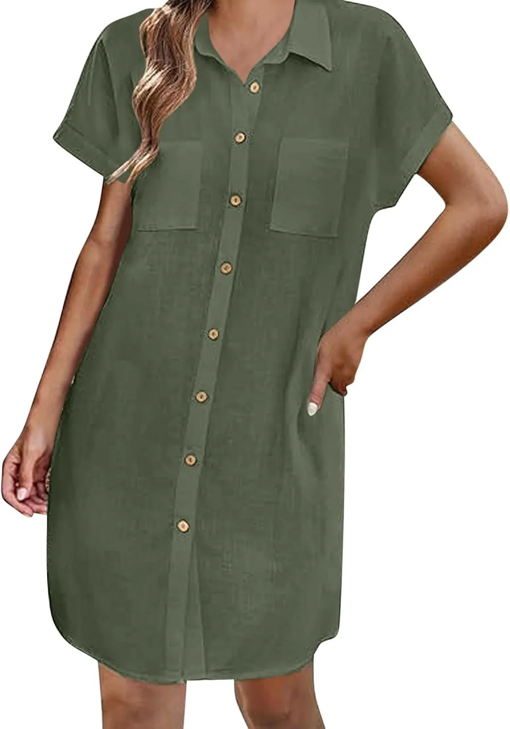 Women's Solid Color Loose Shirt Dresses Stand Up Collar Casual T Shirts Dress Pocket Button Short Sleeved Dresses