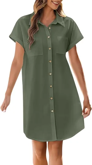 Women's Solid Color Loose Shirt Dresses Stand Up Collar Casual T Shirts Dress Pocket Button Short Sleeved Dresses