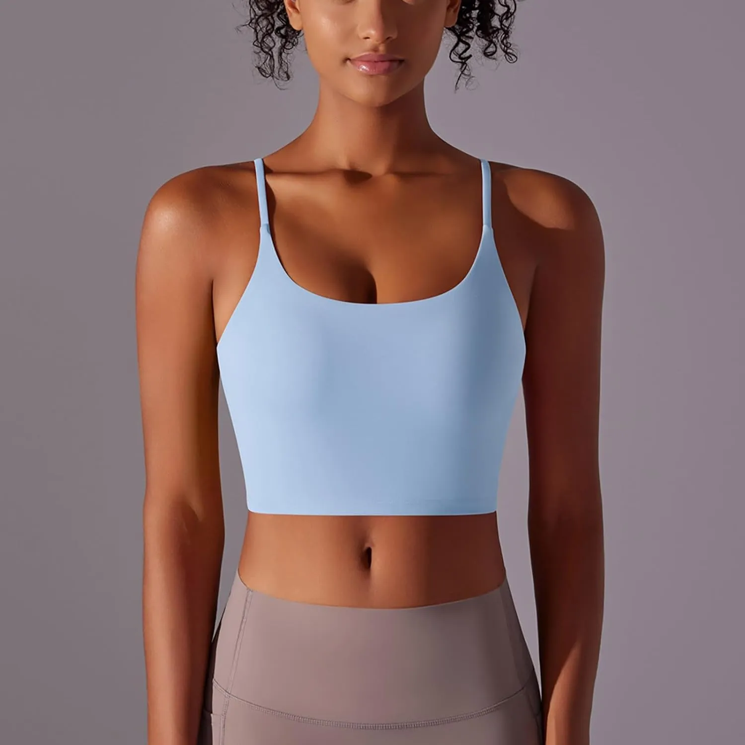 Womens Spaghetti Strap Sports Bra Scoop Neck Wireless Padded Yoga Bra Camisole Summer Athletic Workout Crop Tops