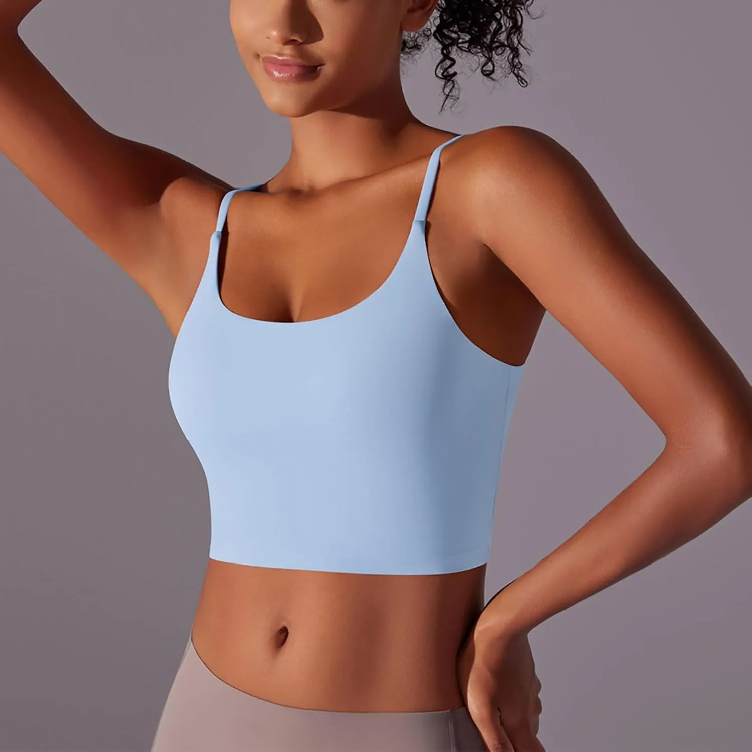 Womens Spaghetti Strap Sports Bra Scoop Neck Wireless Padded Yoga Bra Camisole Summer Athletic Workout Crop Tops
