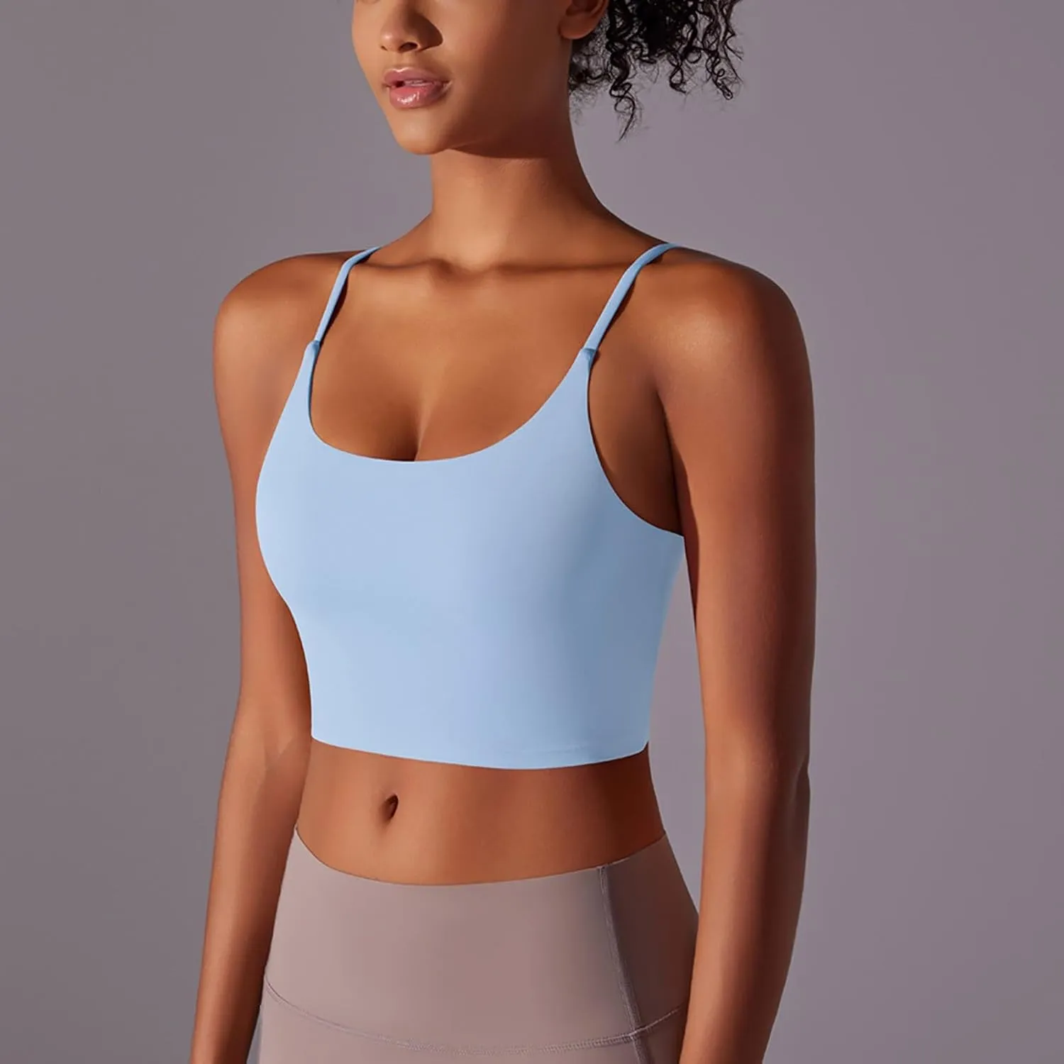 Womens Spaghetti Strap Sports Bra Scoop Neck Wireless Padded Yoga Bra Camisole Summer Athletic Workout Crop Tops