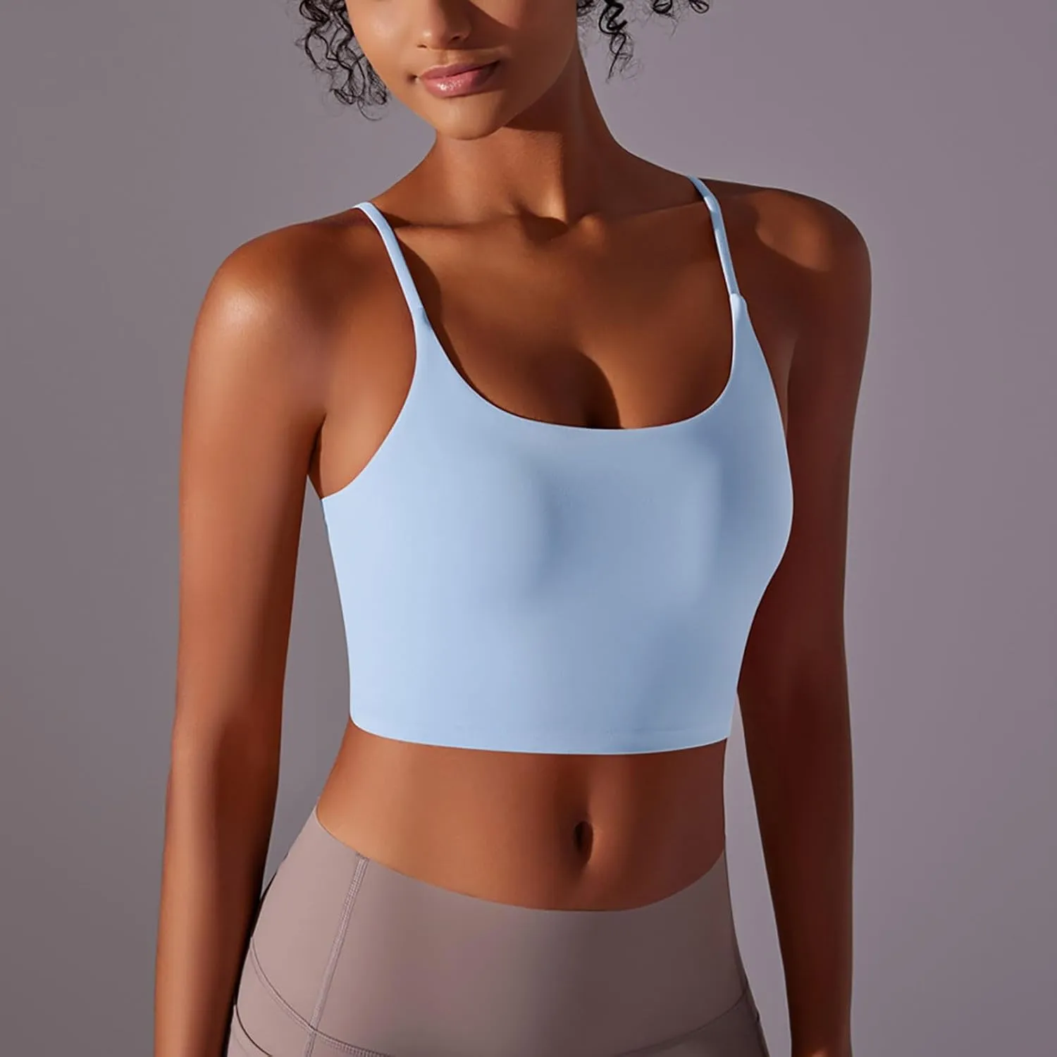 Womens Spaghetti Strap Sports Bra Scoop Neck Wireless Padded Yoga Bra Camisole Summer Athletic Workout Crop Tops