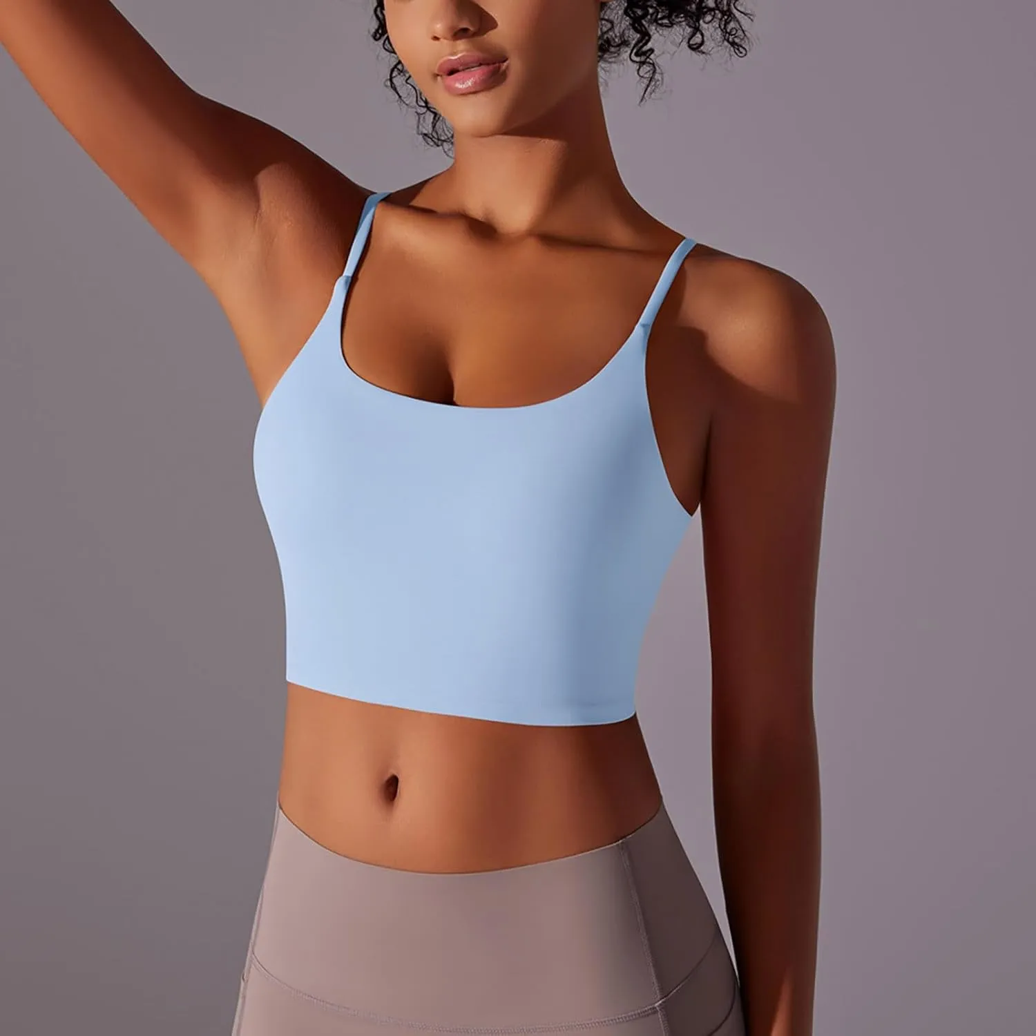Womens Spaghetti Strap Sports Bra Scoop Neck Wireless Padded Yoga Bra Camisole Summer Athletic Workout Crop Tops