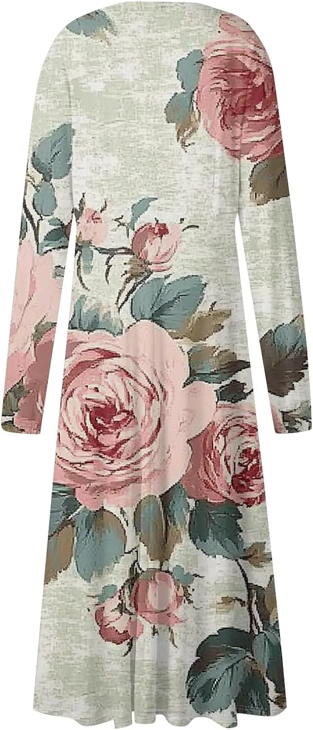 Women's Spring Beach Loose Long Sleeve Floral Print Dress Fashion V Neck Long Dresses